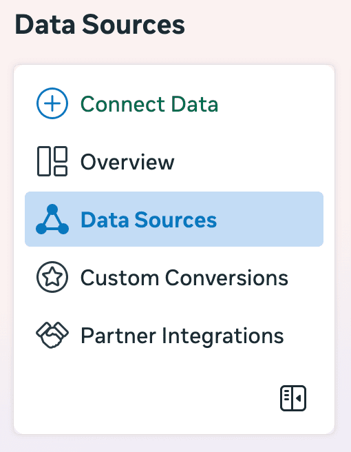 Facebook Events Manager Data Sources menu