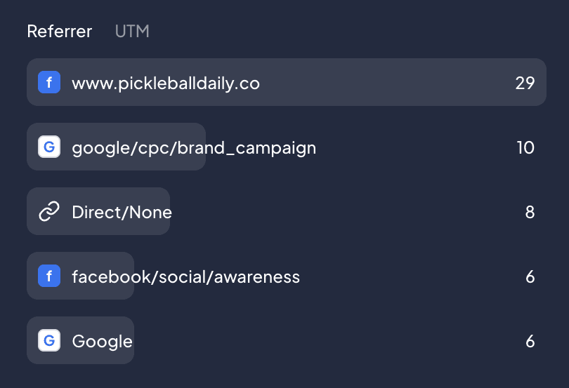 Dashboard showing conversion sources breakdown including pickleballdaily, Google, and Facebook