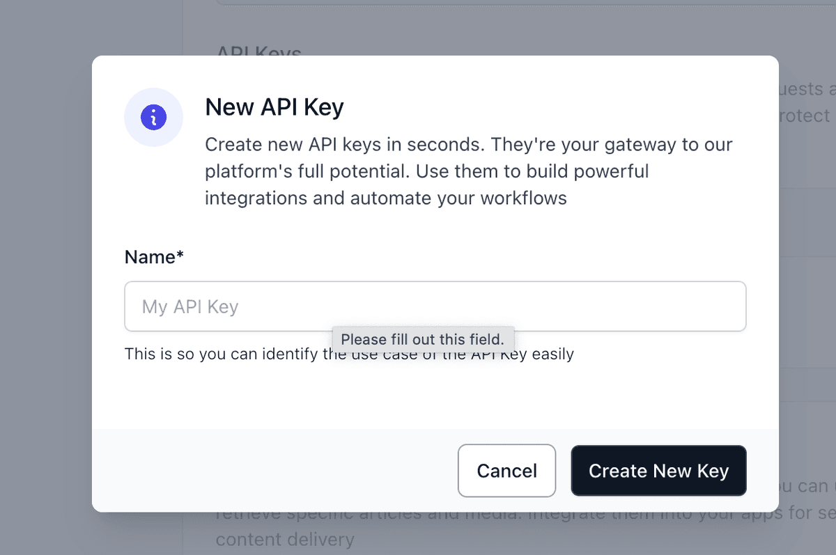 Beehiiv API key generation page