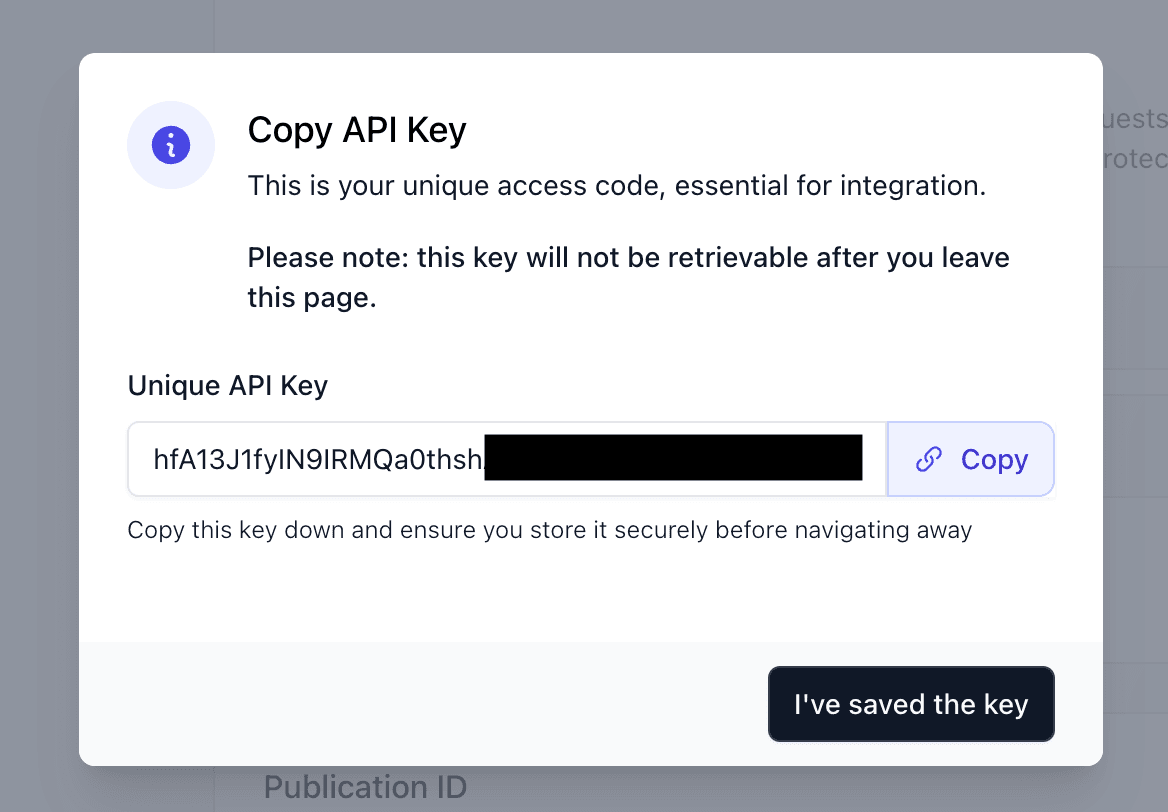 Beehiiv API key display page